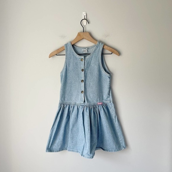 Vintage OshKosh Girl's Denim Button Front Sleeveless Dress Size 6x - Picture 1 of 5